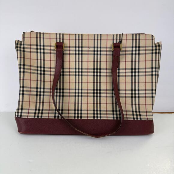 Burberry Nova Check Tote Bag Beige Black Burgundy Plaid Authentic ISSUES READ - Picture 1 of 16